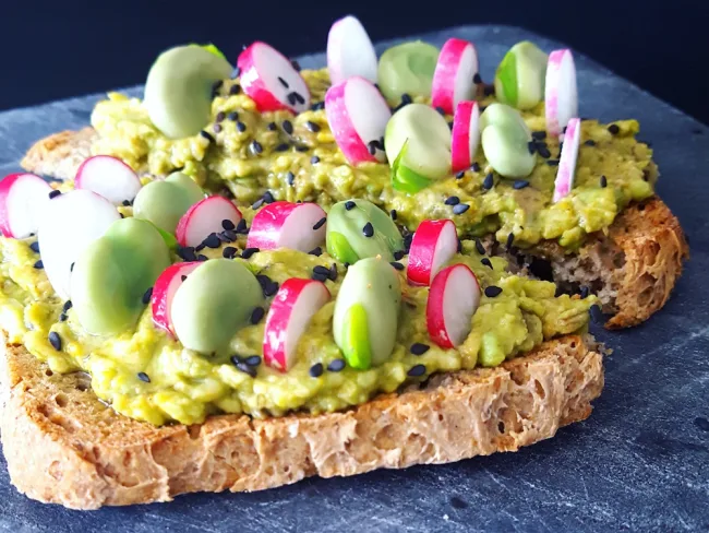 Spring toast, avocado radish broad beans